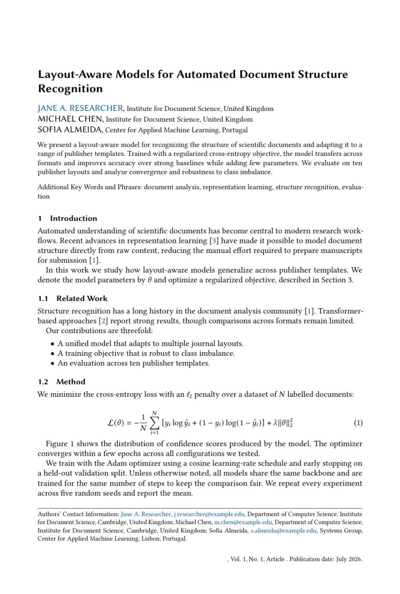 Page 1 of a sample paper formatted in the Proceedings of the ACM on Programming Languages template