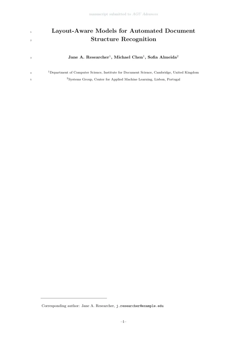 Page 1 of a sample paper formatted in the Water Resources Research template