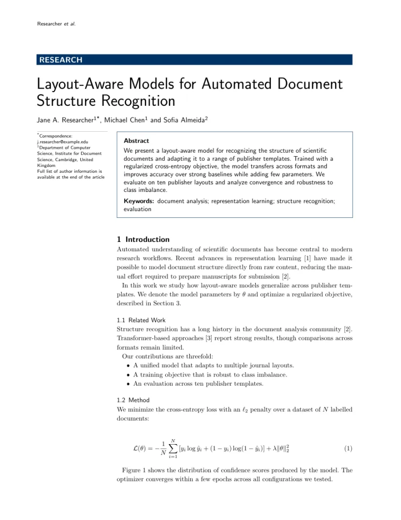Page 1 of a sample paper formatted in the Genetics Selection Evolution template