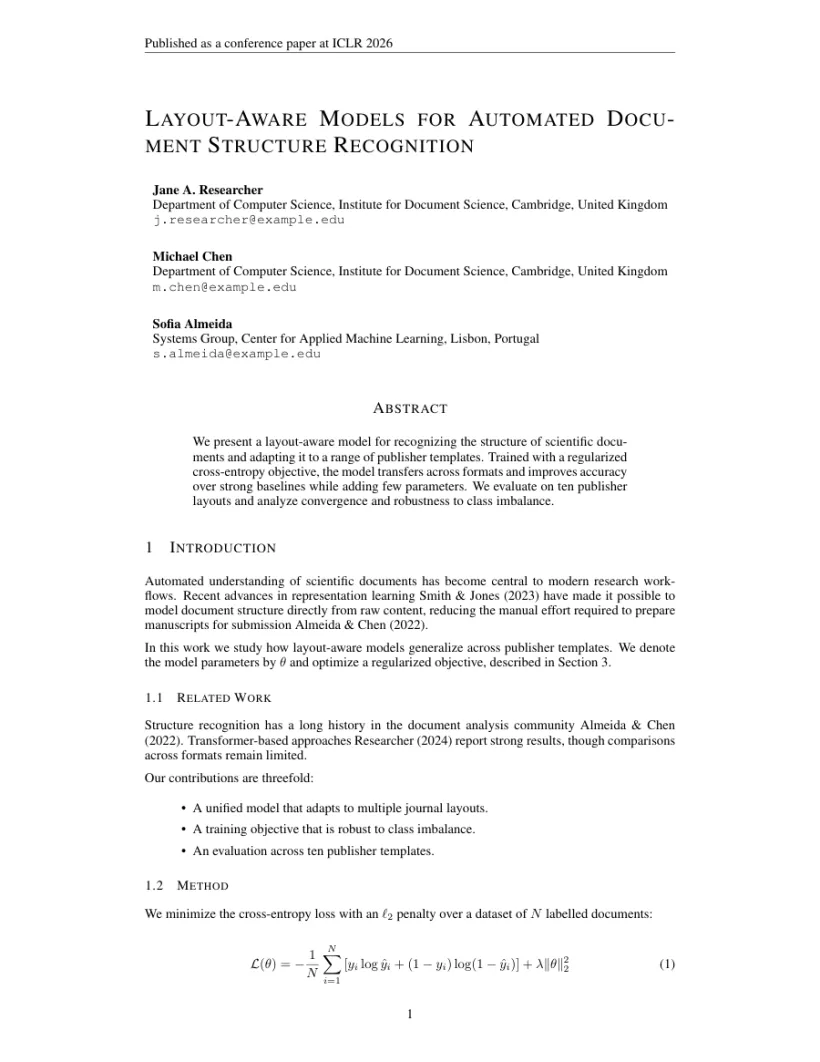Page 1 of a sample paper formatted in the ICLR - International Conference on Learning Representations template