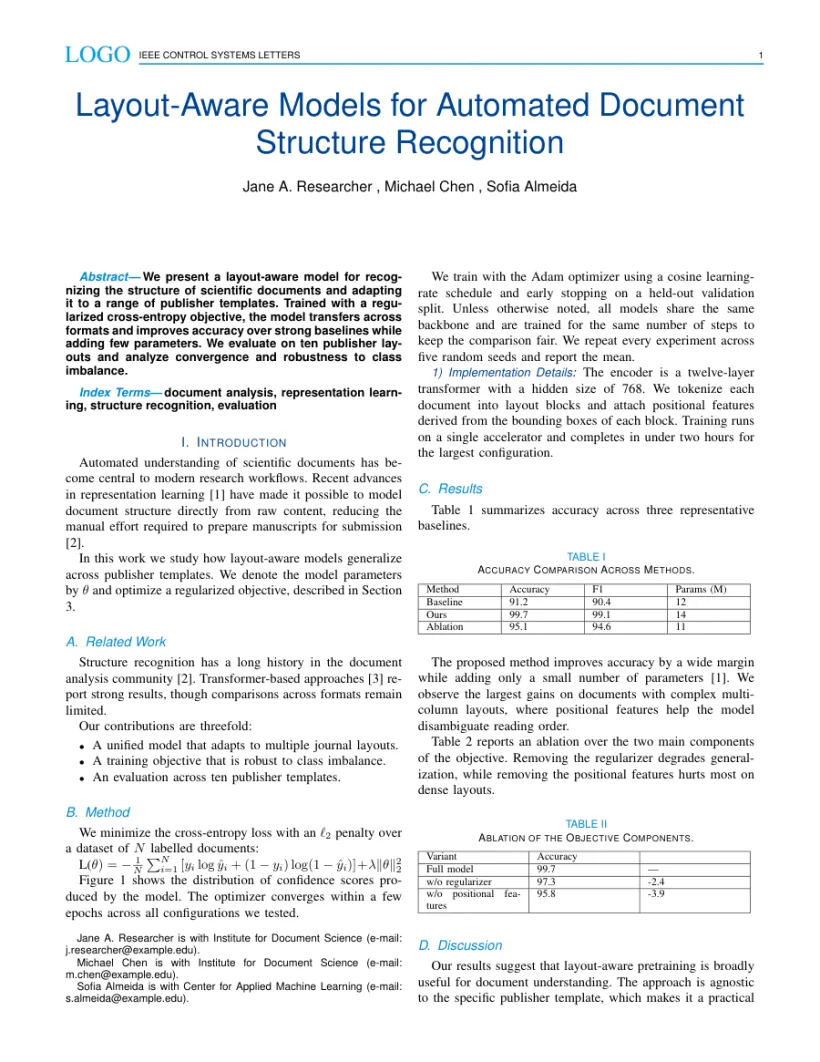 Page 1 of a sample paper formatted in the IEEE Control Systems Letters template