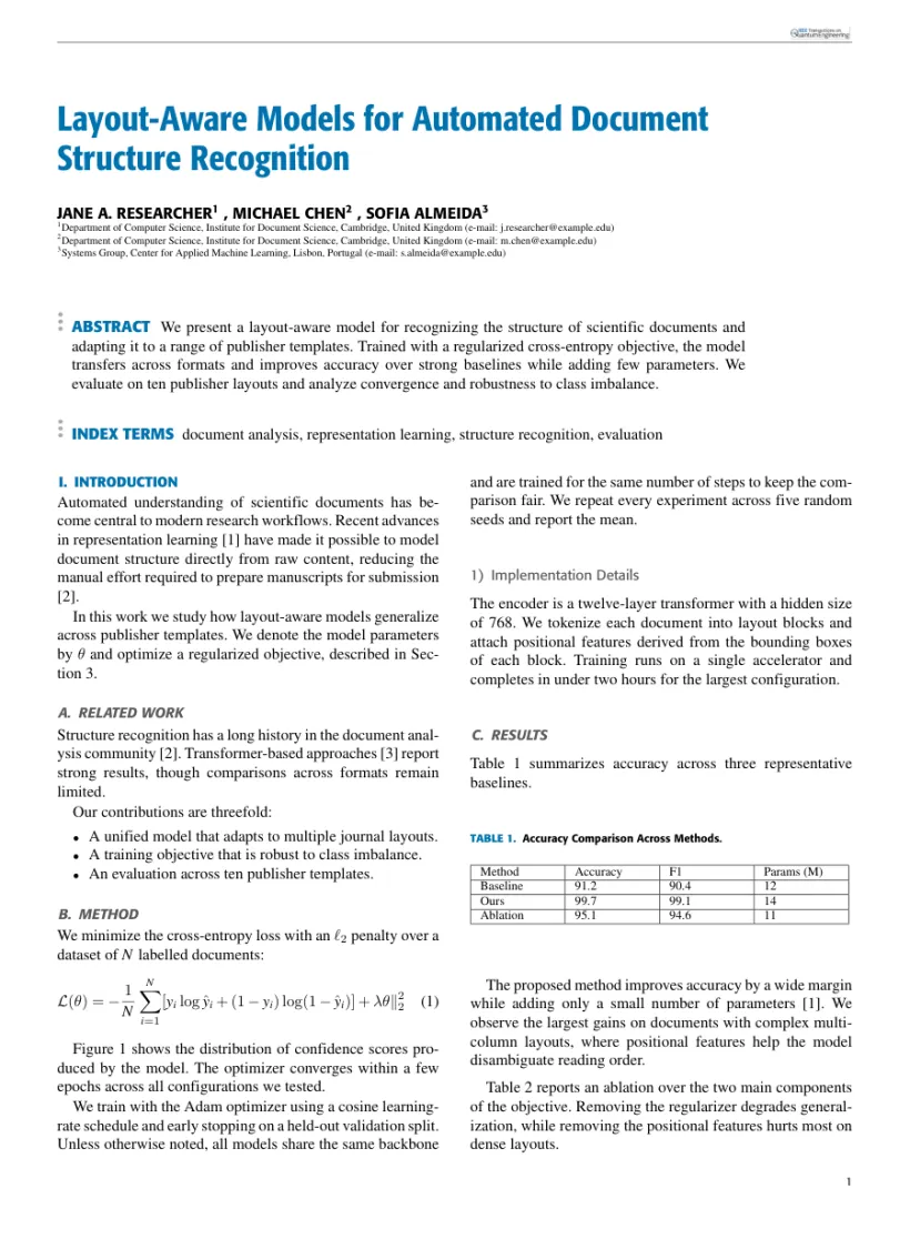 Page 1 of a sample paper formatted in the IEEE Transactions on Quantum Engineering template