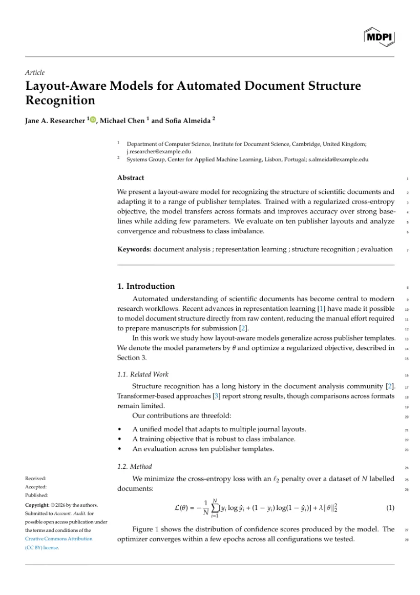 Page 1 of a sample paper formatted in the Sensors template