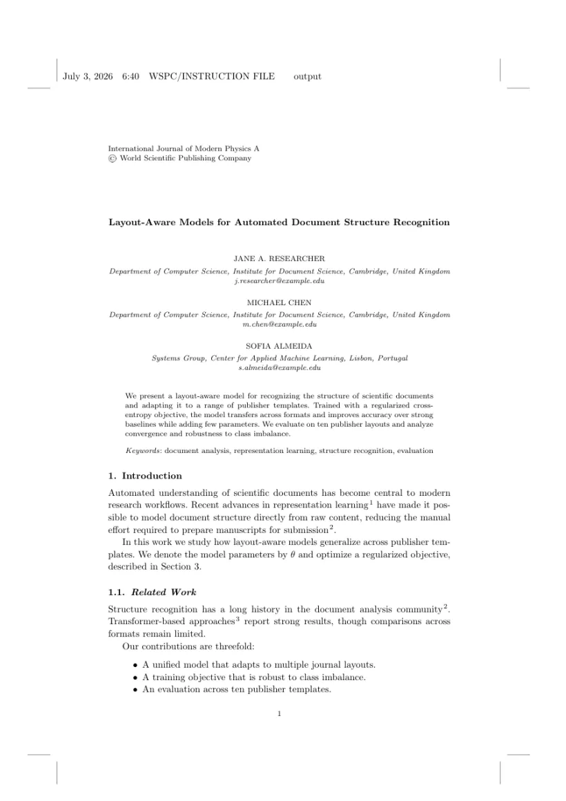 Page 1 of a sample paper formatted in the World Scientific Journal (Generic) template