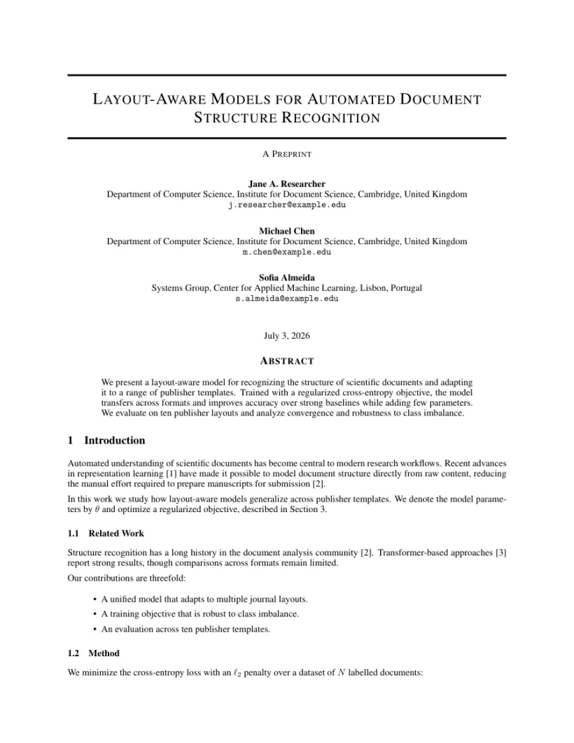 Page 1 of a sample paper formatted in the arXiv Preprint template