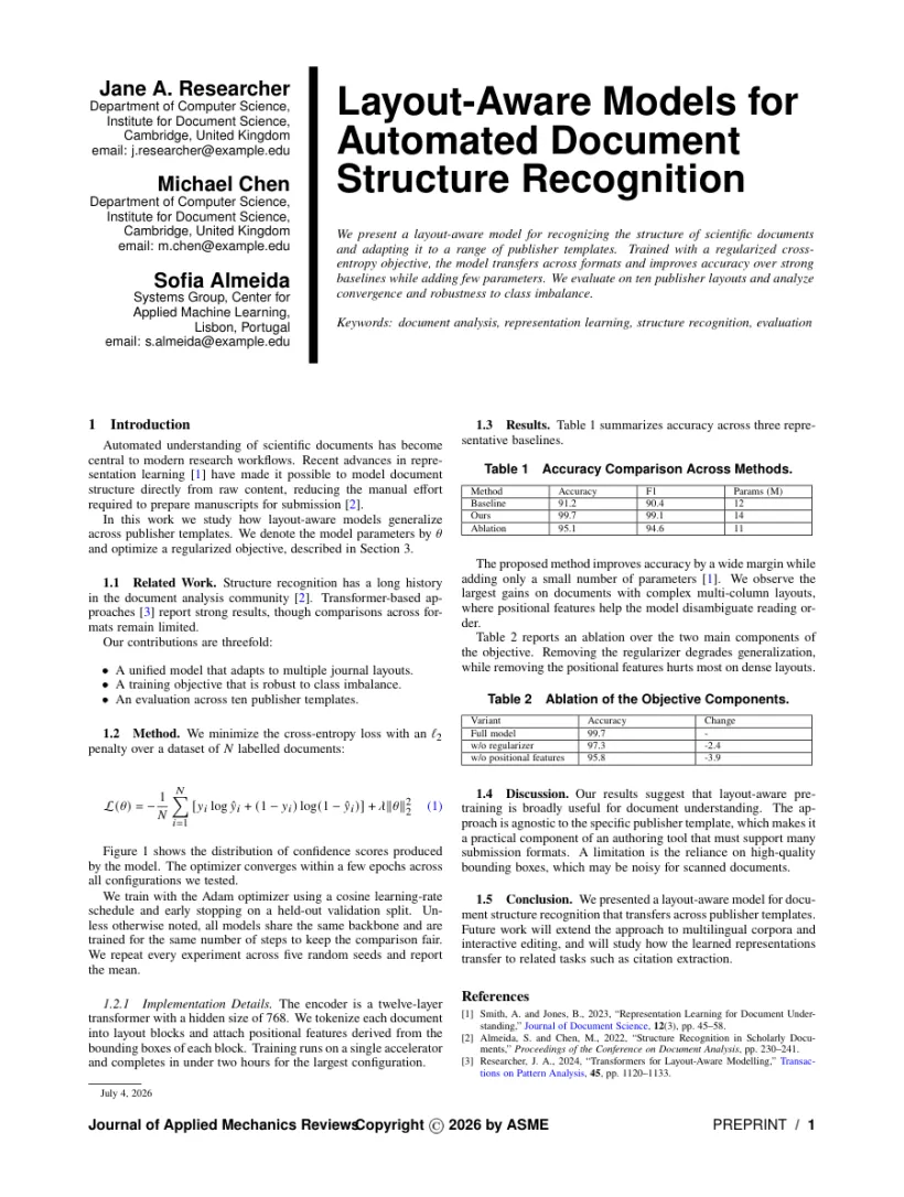 Page 1 of a sample paper formatted in the Journal of Tribology template