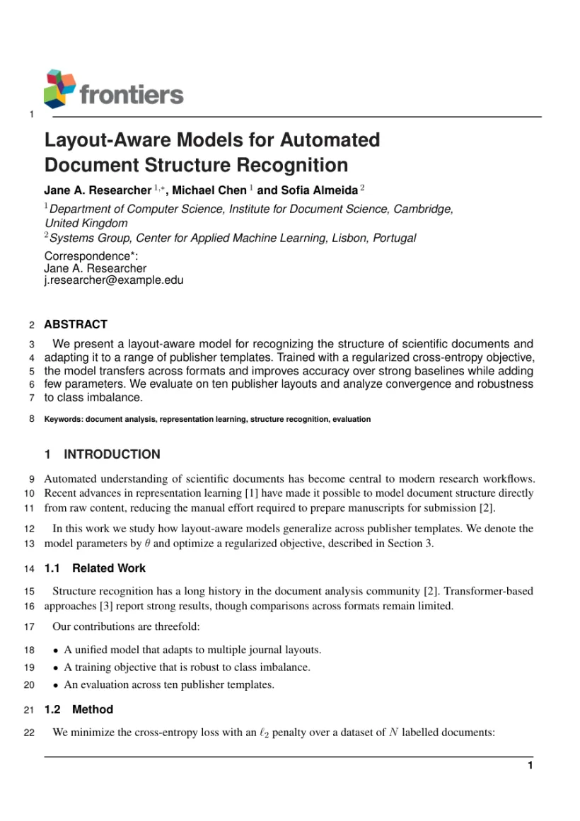 Page 1 of a sample paper formatted in the Frontiers in Physics template