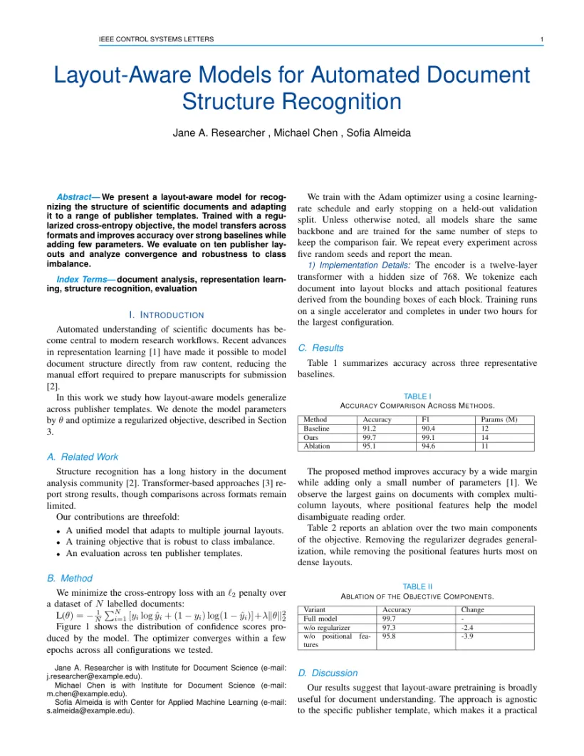 Page 1 of a sample paper formatted in the IEEE Control Systems Letters template