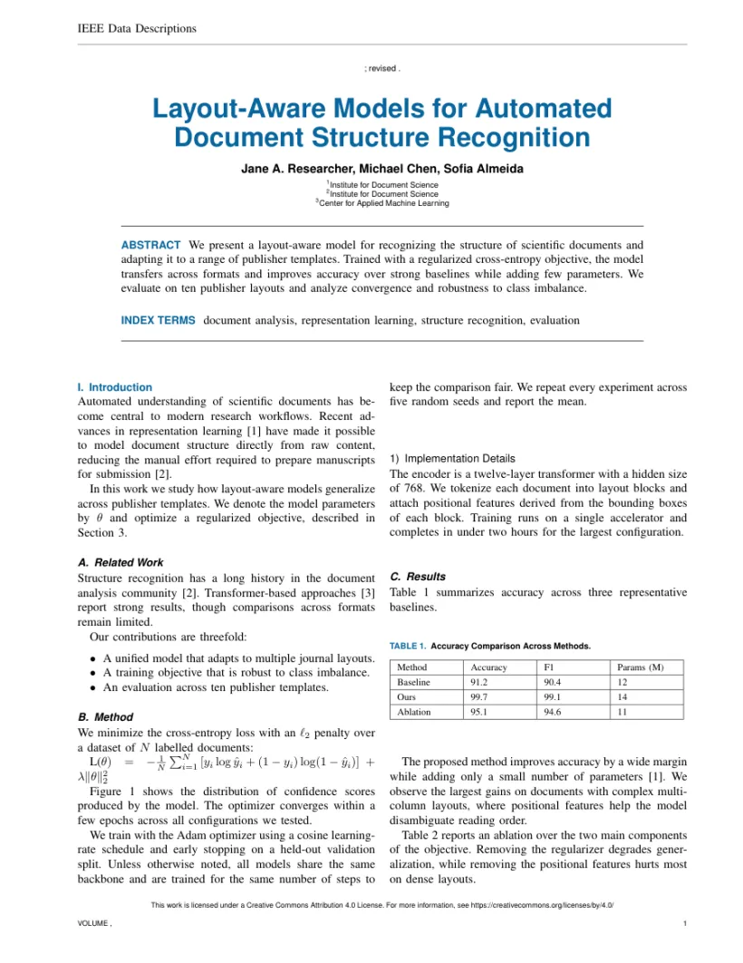 Page 1 of a sample paper formatted in the IEEE Data Descriptions template