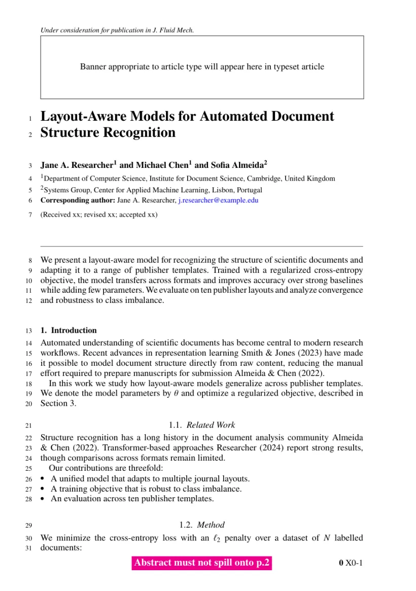 Page 1 of a sample paper formatted in the Journal of Fluid Mechanics template